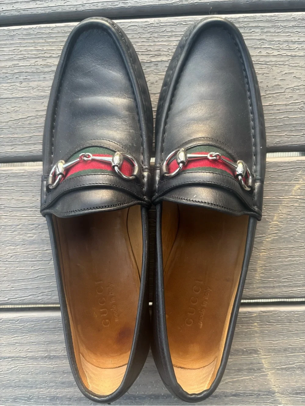 Gucci Men’s Leather Loafers with Red and Green Web & Silver Horsebit Size 11